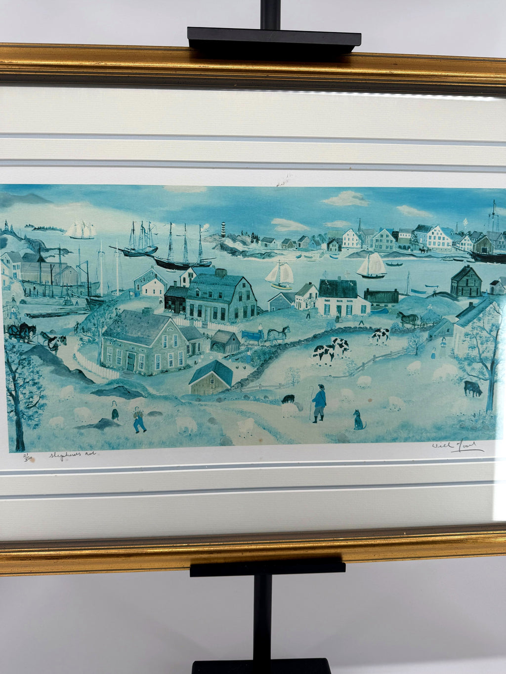 Will Moses "Shepherd's Nob" lithograph — straight-on front view of the full coastal village scene, with pencil signature and edition number 21/500 in the margin