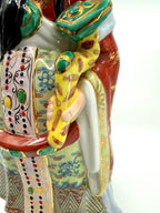 Vintage Chinese porcelain Lu Xing prosperity god statue, Taiwan — ruyi scepter and chest detail