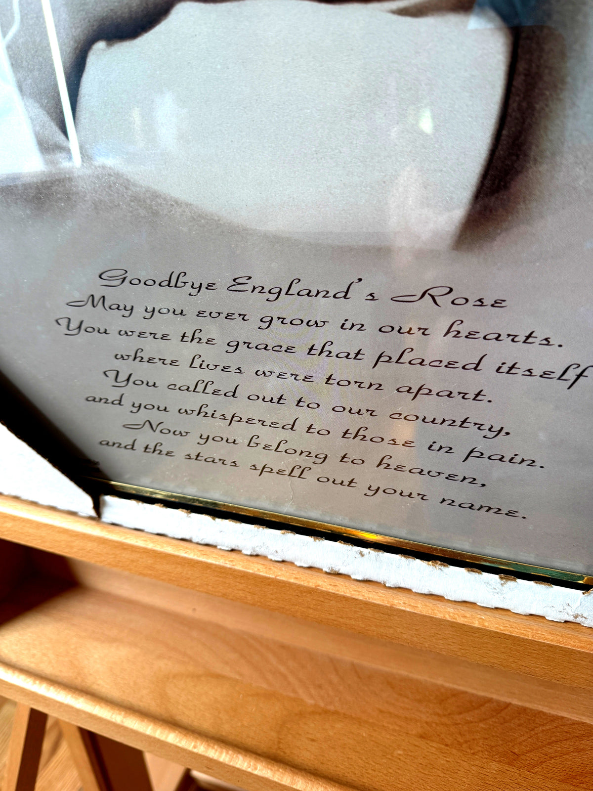 1997 Princess Diana Goodbye England's Rose memorial framed portrait — close-up of the printed farewell poem beneath the portrait