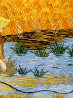 Signed Vietnamese hand-embroidered textile art — water buffalo in rice terraces — close-up of the water and reed stitching at left centre