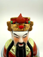 Vintage Chinese porcelain Lu Xing prosperity god statue, Taiwan — face and gold headdress close view
