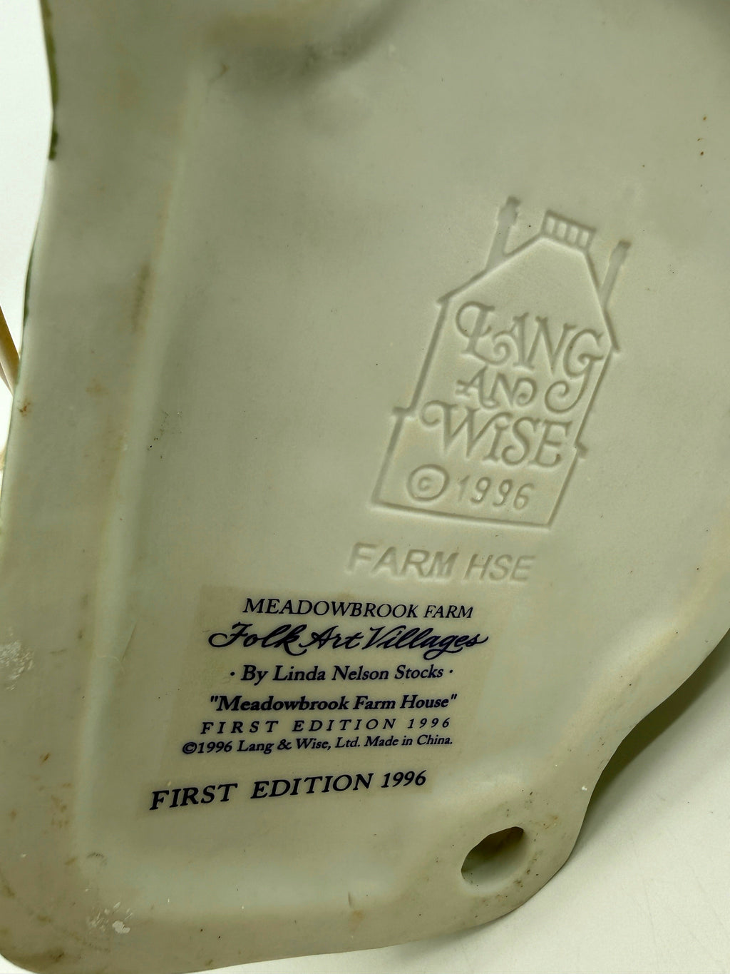 Underside maker's stamp — Lang & Wise, Meadowbrook Farm House, First Edition 1996, made in China