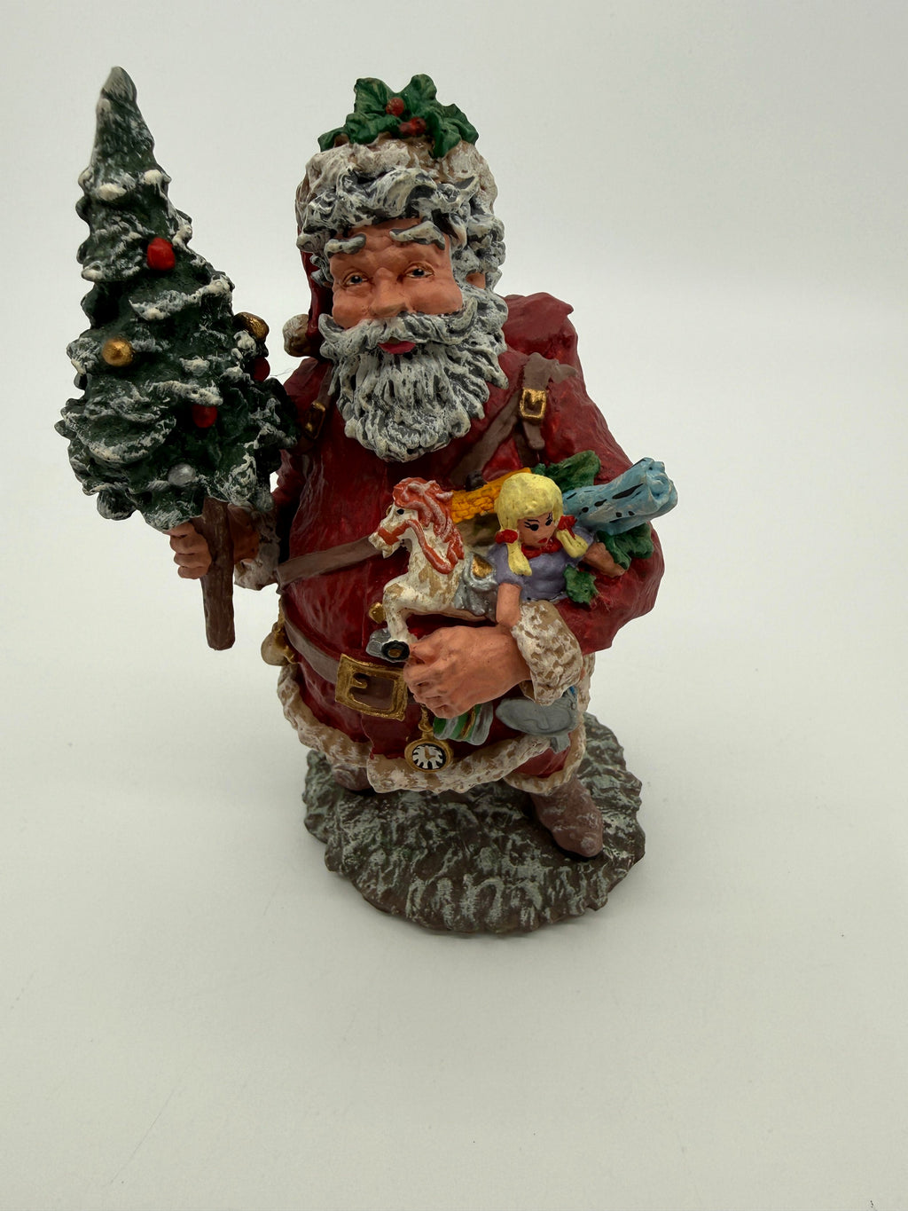 Vintage 1991 Duncan Royale Today's Nast Santa figurine – front view: red-suited Santa with snow-flocked beard carrying a flocked Christmas tree and an armful of toys; Collectors Club Exclusive No. 0011 of 15,000