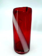 Vintage ruby red glass pitcher with white swirl, 10.5 inch — front view, closer crop of the swirl