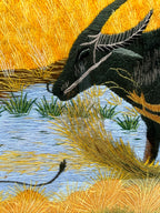 Signed Vietnamese hand-embroidered textile art — water buffalo in rice terraces — close-up of the right buffalo's head and stitching