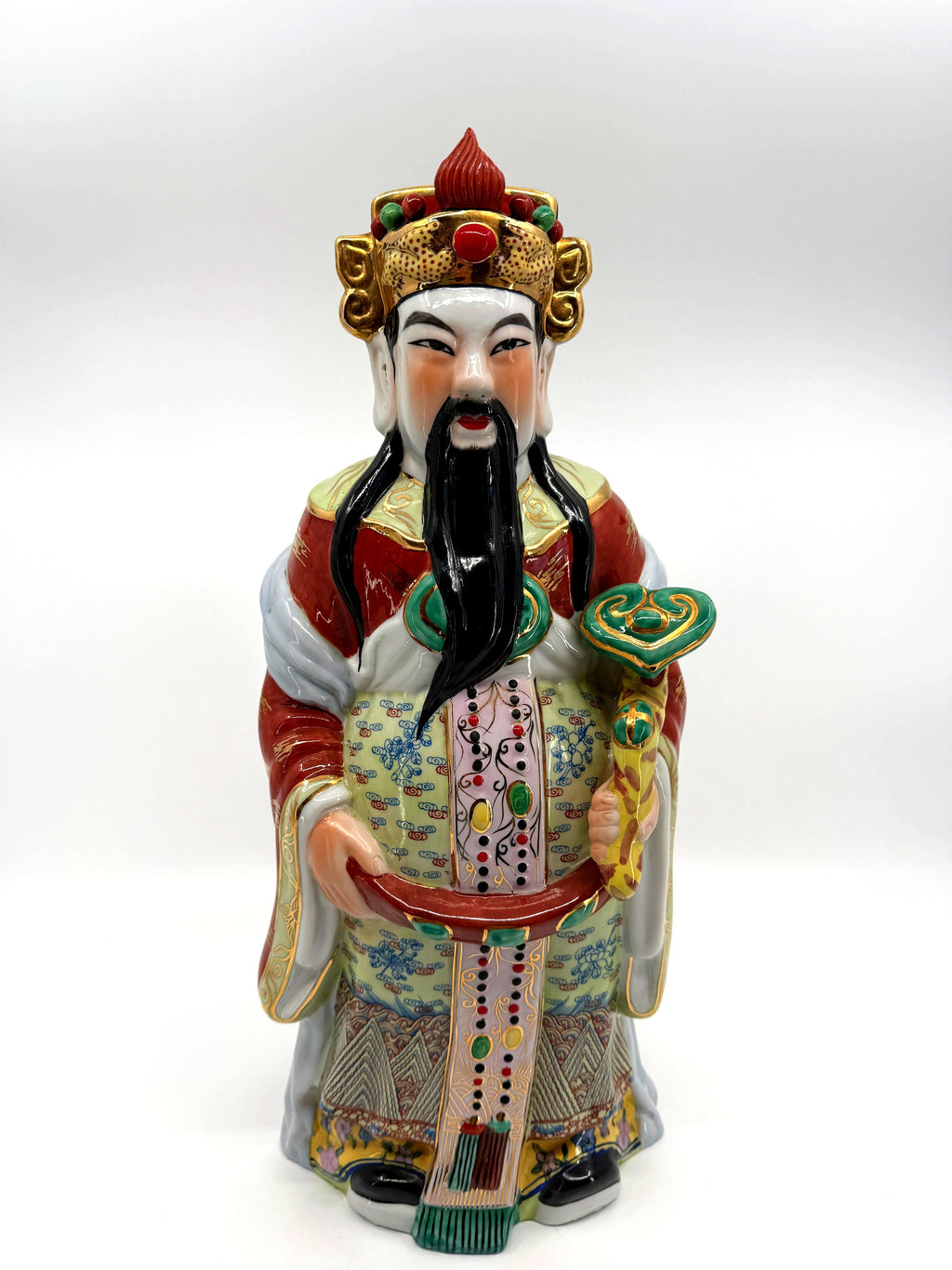 Vintage Chinese porcelain Lu Xing prosperity god statue, Taiwan — front view: coral-red robe with gold dragons, jeweled chest panel, green ruyi scepter
