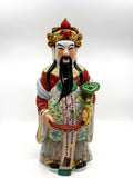 Vintage Chinese porcelain Lu Xing prosperity god statue, Taiwan — front view: coral-red robe with gold dragons, jeweled chest panel, green ruyi scepter