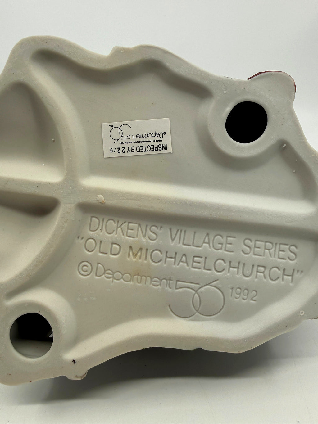 Department 56 Dickens' Village Old Michaelchurch 1992 lighted porcelain church — underside with molded marks and Made in Taiwan sticker