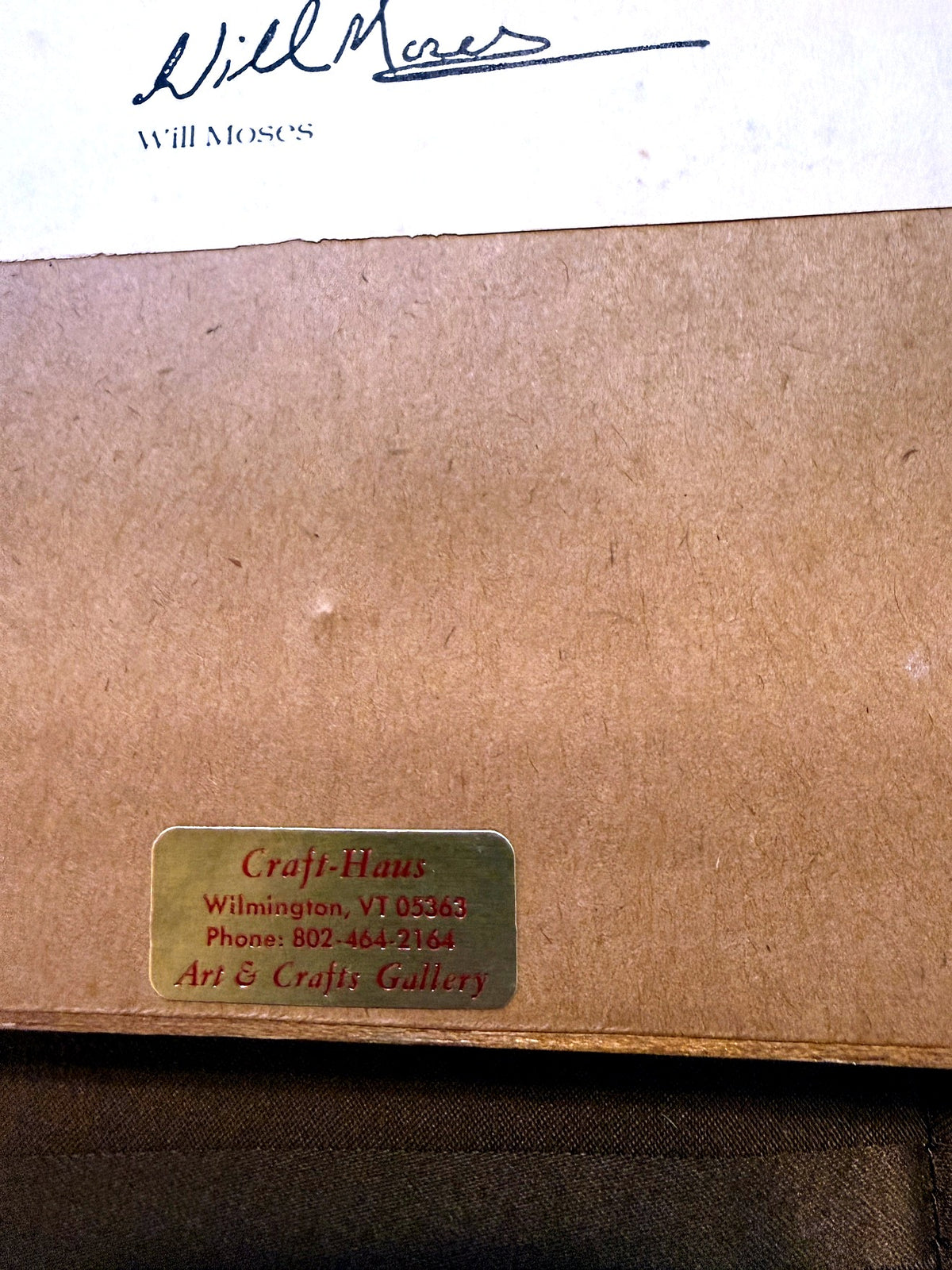 Reverse detail — Craft-Haus Art & Crafts Gallery sticker, Wilmington, VT, on the backing below the certificate