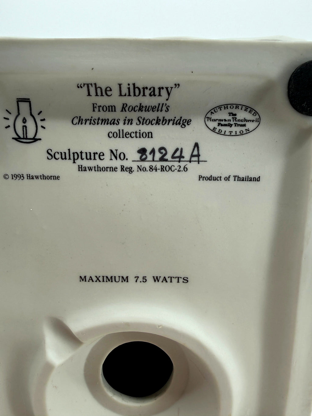 Underside stamp: The Library, Rockwell's Christmas in Stockbridge, Sculpture No. 8124A, Product of Thailand