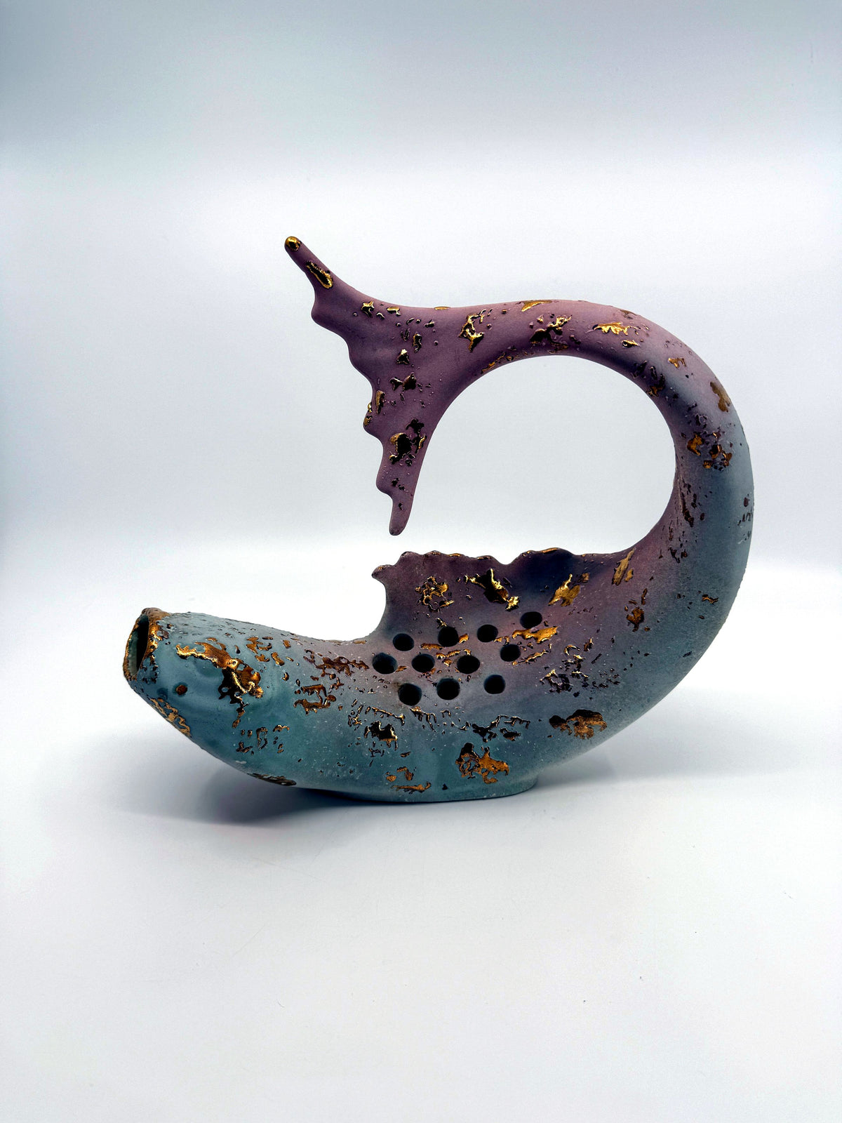 Vintage 1956 ceramic whale-shark flower frog, H. Gates attributed — side profile: sweeping fish form, matte aqua-to-mauve gradient glaze with gold splatter finish