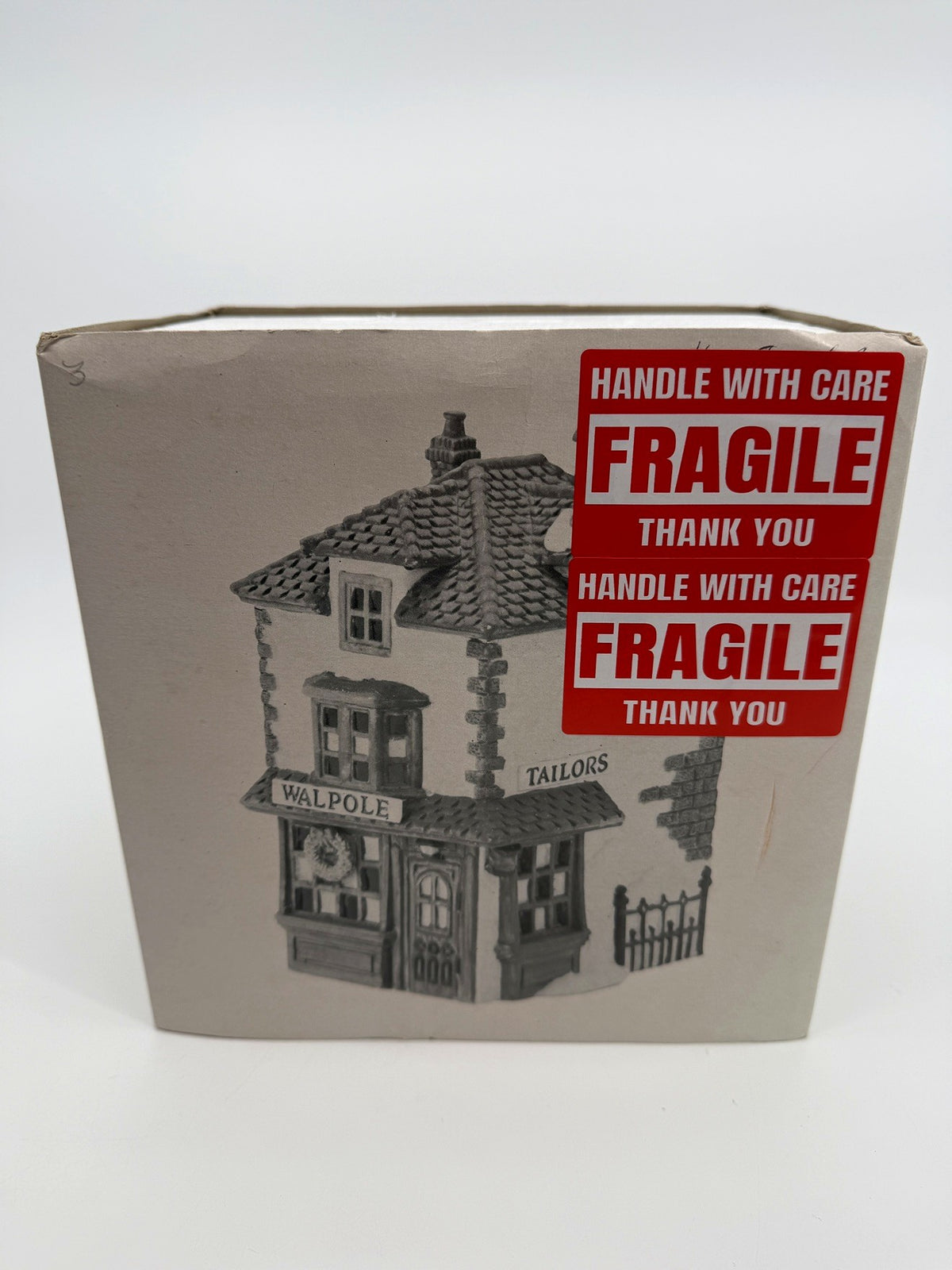 Department 56 Dickens' Village Walpole Tailors #5926-9 — original box front with the printed shop illustration and FRAGILE stickers