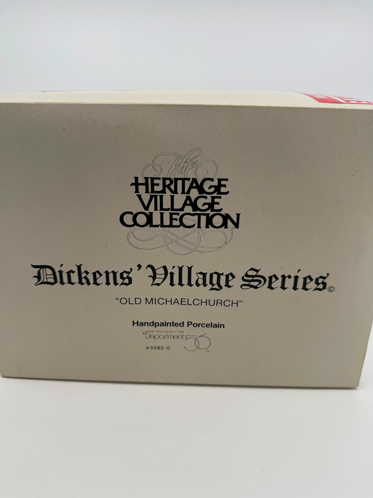 Department 56 Dickens' Village Old Michaelchurch 1992 lighted porcelain church — original retail box side showing item #5562-0