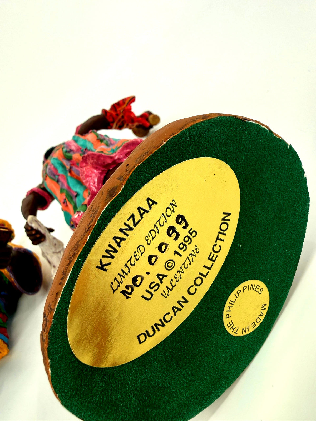 Underside of the female figure’s base — gold plaque: KWANZAA, Limited Edition No. 0999, USA © 1995, Valentine, Duncan Collection; Made in the Philippines