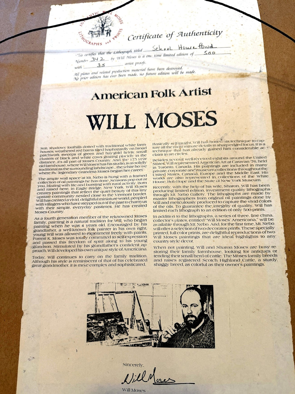 Reverse — Certificate of Authenticity and Will Moses biography sheet: School House Pond, Number 342, one-time limited edition of 500 with 35 artist proofs