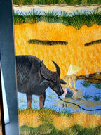 Signed Vietnamese hand-embroidered textile art — water buffalo in rice terraces — detail of the left side — buffalo standing in water with terraces behind