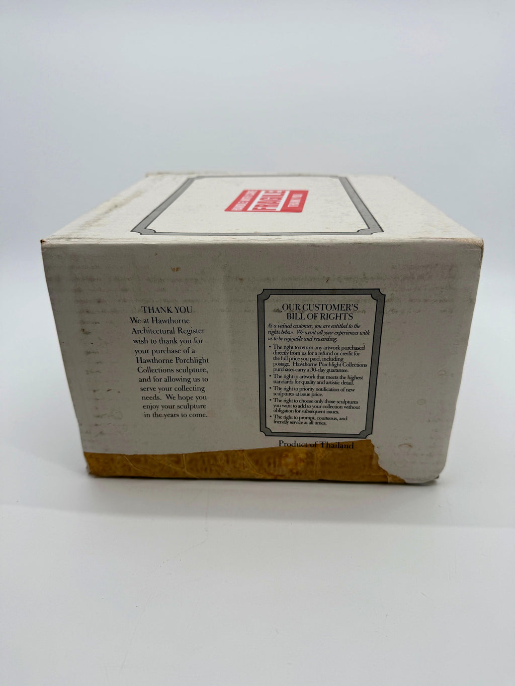 Collector's box side with the Hawthorne customer bill of rights