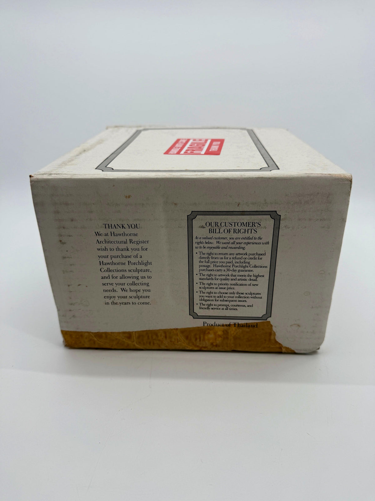 Collector's box side with the Hawthorne customer bill of rights
