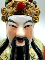 Vintage Chinese porcelain Lu Xing prosperity god statue, Taiwan — face close-up: painted features and black beard