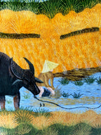 Signed Vietnamese hand-embroidered textile art — water buffalo in rice terraces — detail of the left buffalo and farmer together