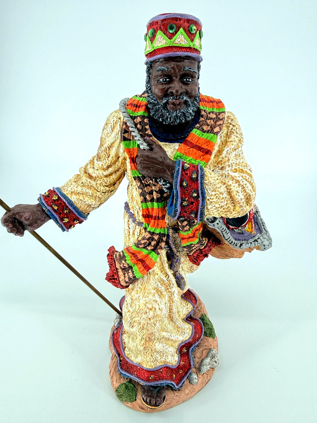 Front view of the 1995 Duncan Collection African American Santa — 12-inch limited edition figurine, cream robe, jeweled crown and decorated staff