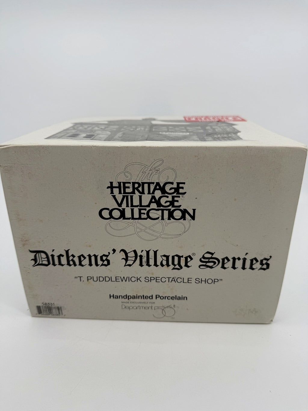 Department 56 Dickens' Village T. Puddlewick Spectacle Shop #58334 — original box end: Heritage Village Collection, Dickens' Village Series, T. Puddlewick Spectacle Shop