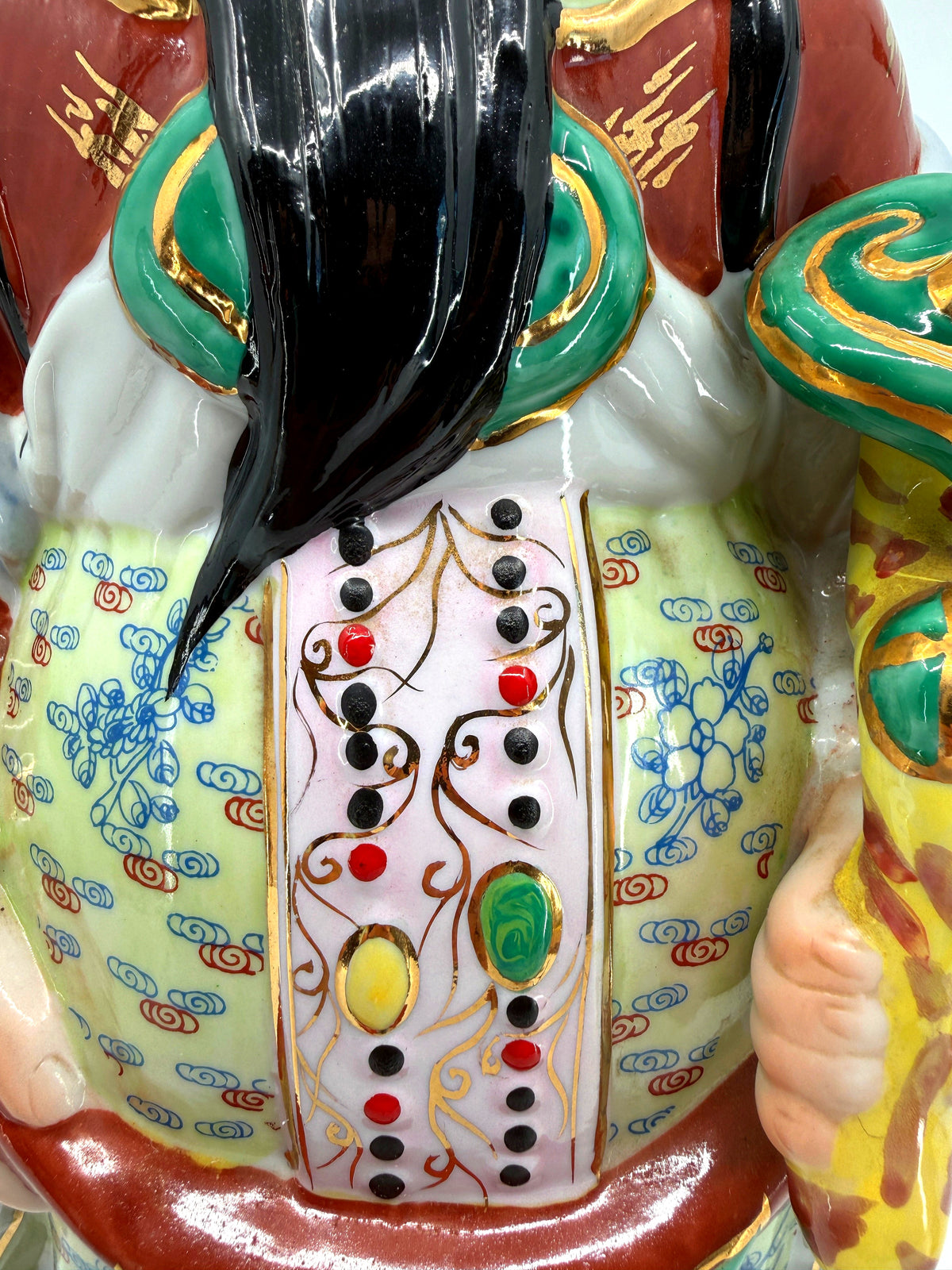 Vintage Chinese porcelain Lu Xing prosperity god statue, Taiwan — detail: jeweled chest panel