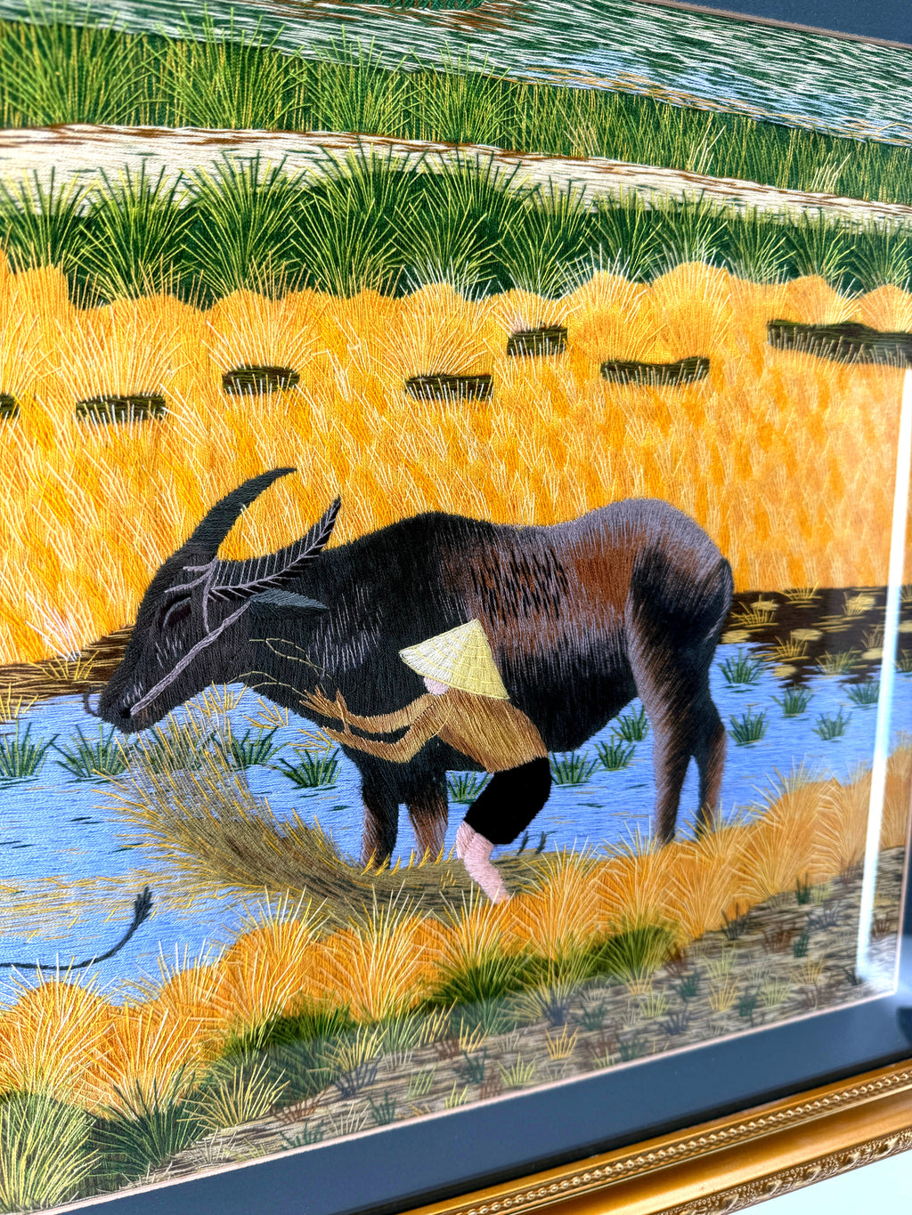 Signed Vietnamese hand-embroidered textile art — water buffalo in rice terraces — detail of the right side — buffalo in the water
