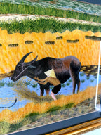 Signed Vietnamese hand-embroidered textile art — water buffalo in rice terraces — detail of the right side — buffalo in the water