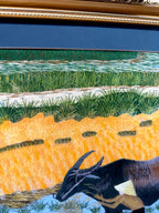 Signed Vietnamese hand-embroidered textile art — water buffalo in rice terraces — detail of the top — green terrace bands above the buffalo