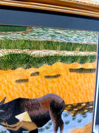 Signed Vietnamese hand-embroidered textile art — water buffalo in rice terraces — detail of the top centre — terraces with buffalo heads below
