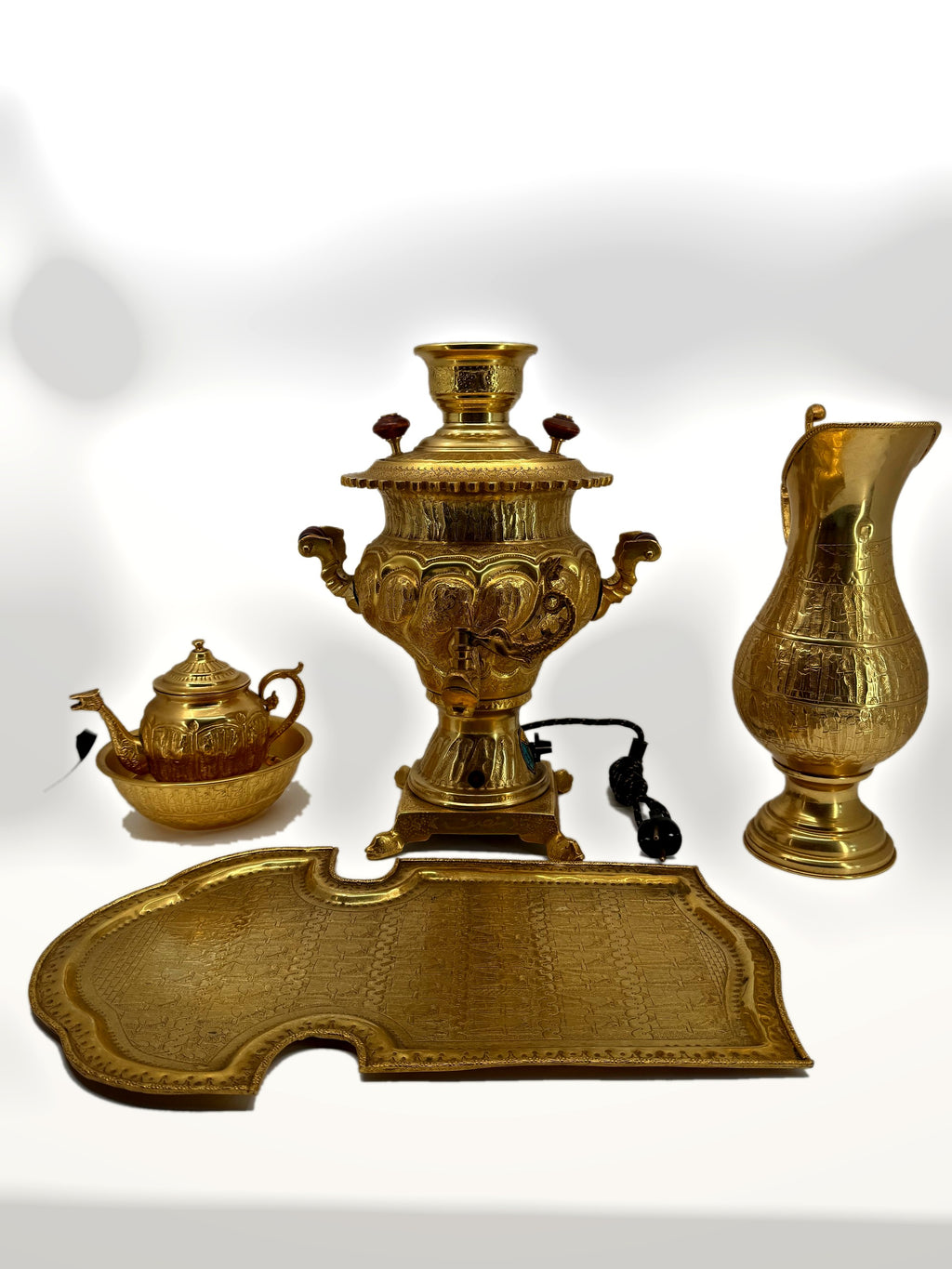 Complete set straight-on – teapot in bowl at left, samovar center, pitcher right, tray in front