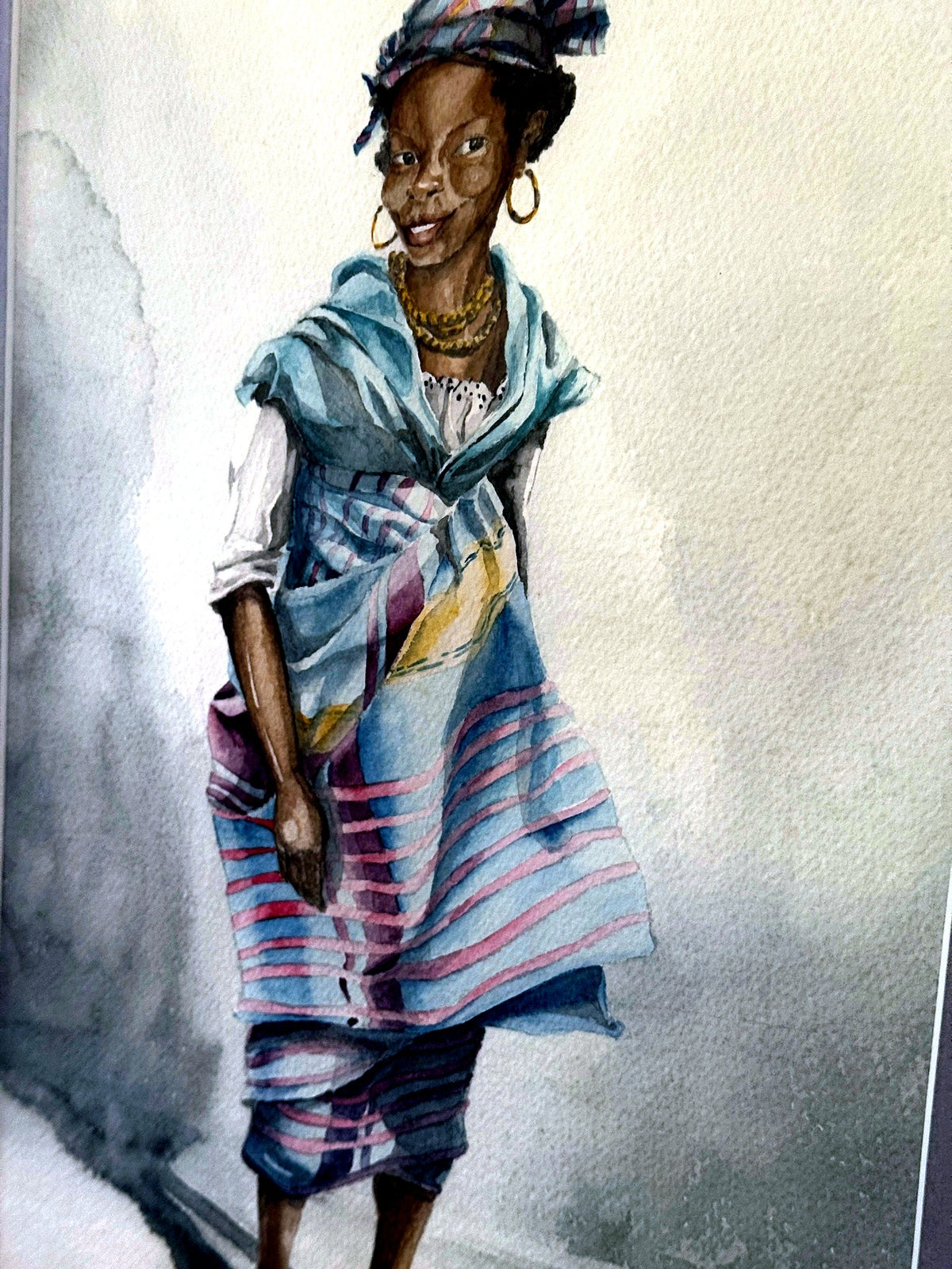 Detail - madras dress striping, Costume creole