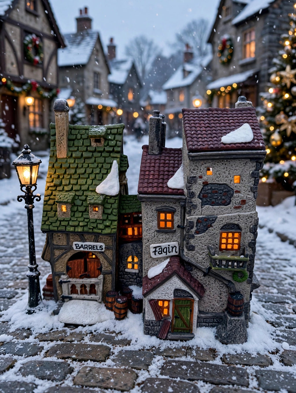 Styled lifestyle photo — Fagin's Hide-A-Way on a snowy Dickens village street at dusk, windows glowing, beside a lamppost (display inspiration)