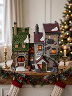 Styled lifestyle photo — Fagin's Hide-A-Way on a Christmas mantel with garland, stockings and candles (display inspiration)