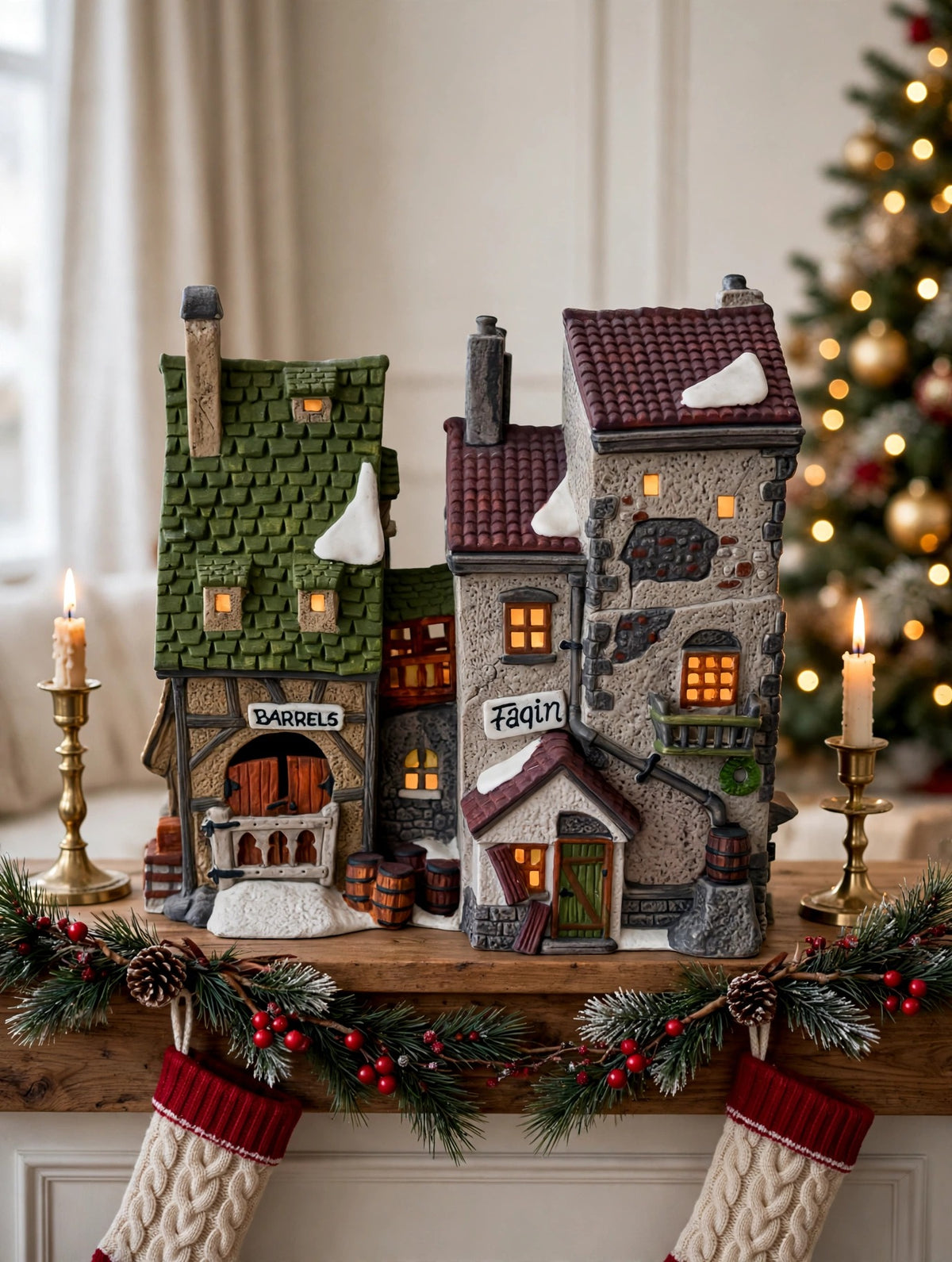 Styled lifestyle photo — Fagin's Hide-A-Way on a Christmas mantel with garland, stockings and candles (display inspiration)