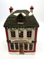 Department 56 M. Fezziwig Warehouse, Dickens' Village, 1986 – front view: M. Fezziwig Warehouse sign, garland swag, slate roof with snow