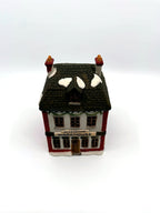 Department 56 M. Fezziwig Warehouse, Dickens' Village, 1986 – front view from above showing the slate roof and chimneys