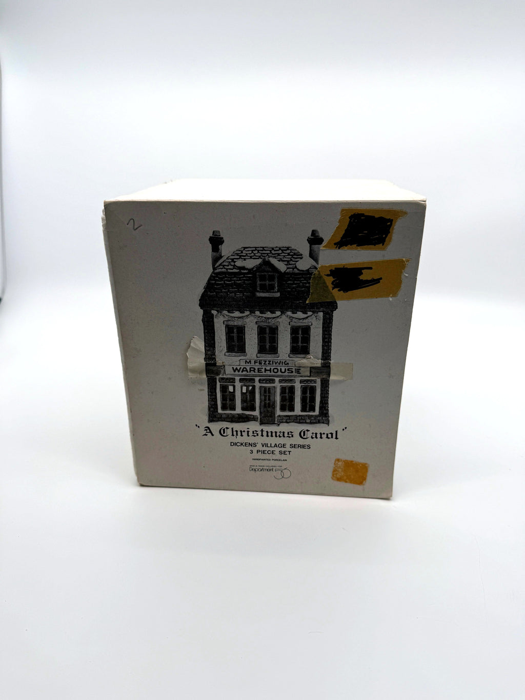 Department 56 M. Fezziwig Warehouse, Dickens' Village, 1986 – original retail box: A Christmas Carol, Dickens' Village Series, 3 Piece Set, handpainted porcelain