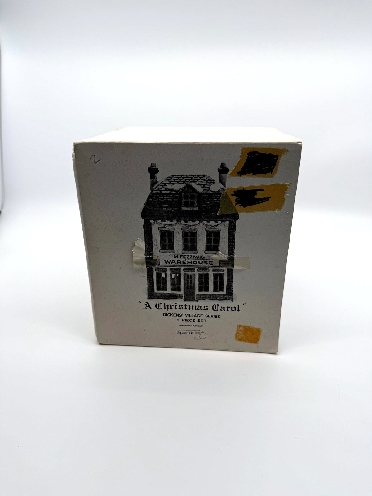Department 56 M. Fezziwig Warehouse, Dickens' Village, 1986 – original retail box: A Christmas Carol, Dickens' Village Series, 3 Piece Set, handpainted porcelain