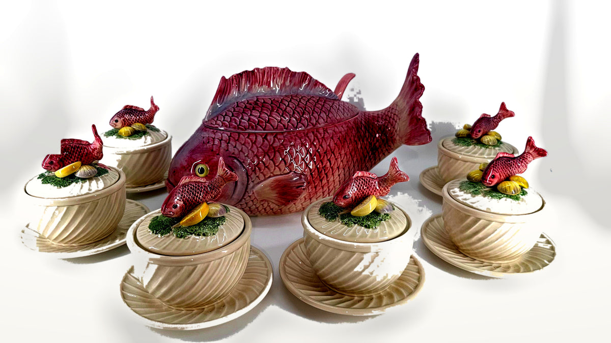 Fitz and Floyd Fishes ironstone soup tureen set, Japan — the complete 21-piece set with figural fish tureen and six covered bowls