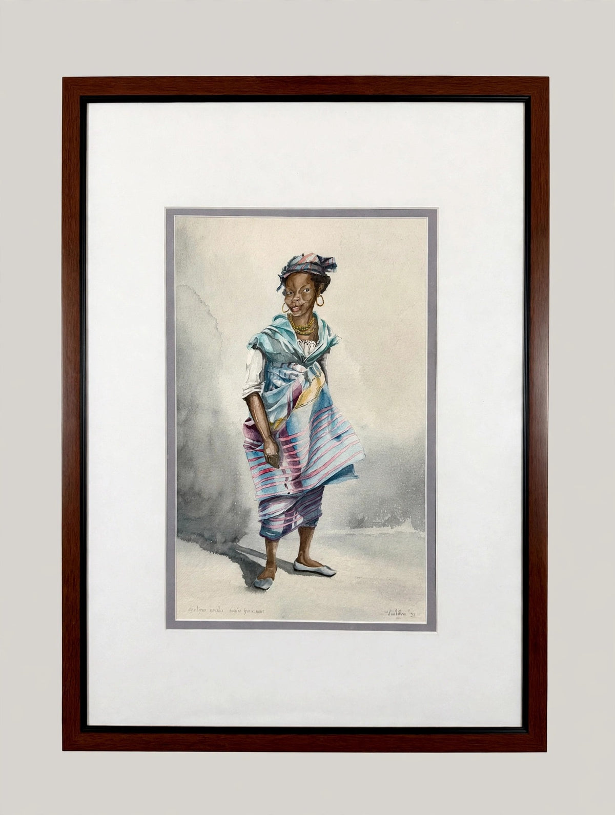 Costume creole framed watercolor - front view (enhanced photo)