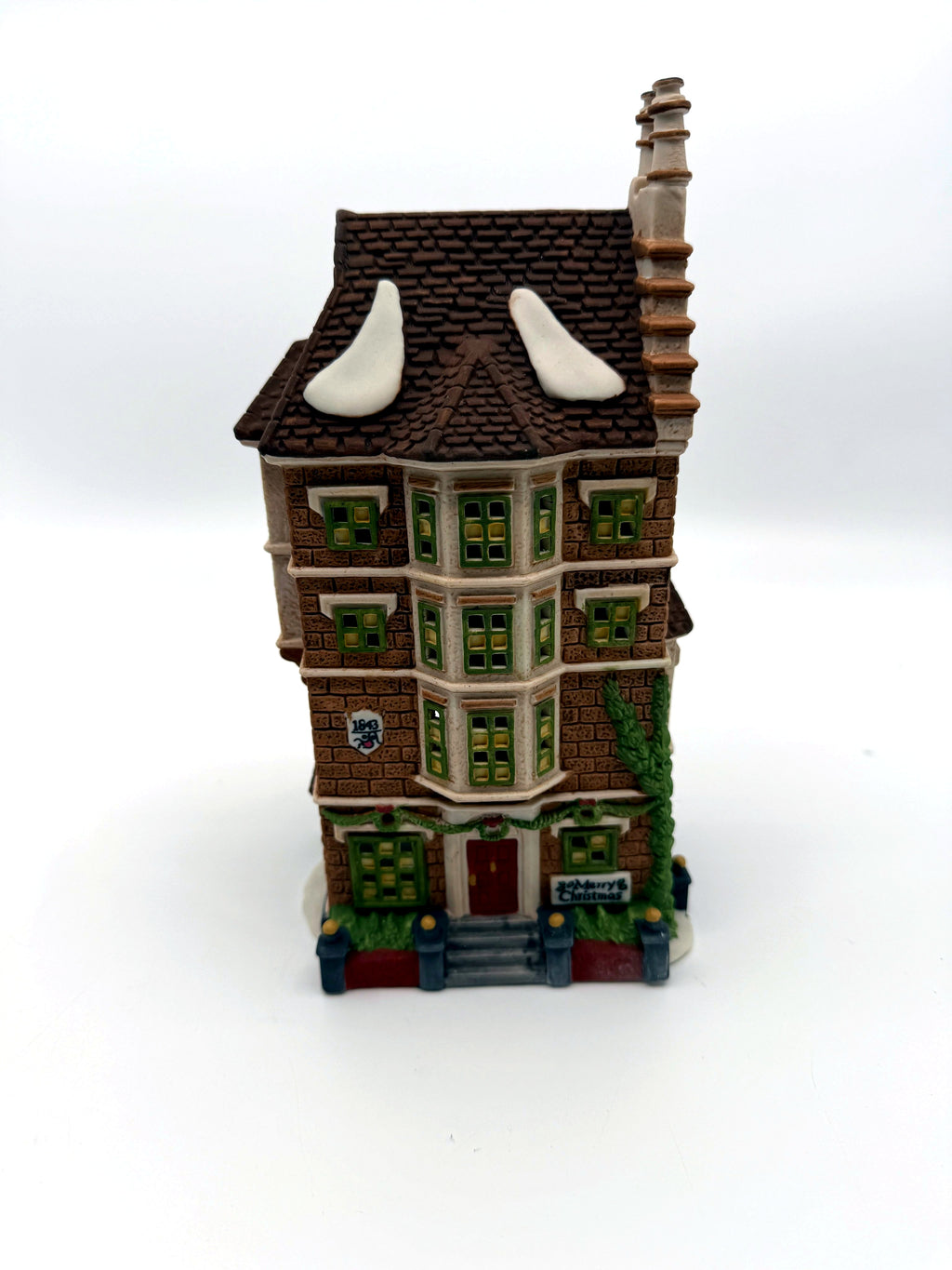 Department 56 Nephew Fred's Flat, Dickens' Village, 1991 – front view: bay windows, red door, 1843 plaque, Merry Christmas sign