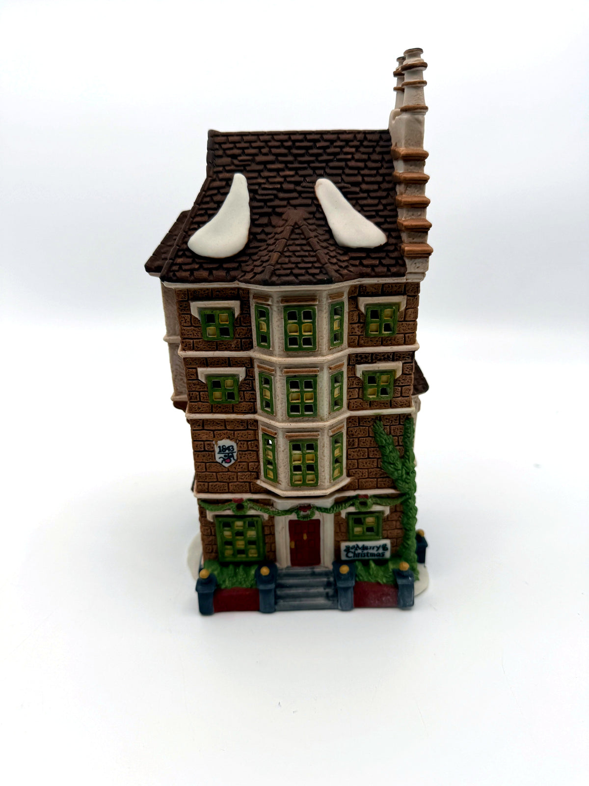 Department 56 Nephew Fred's Flat, Dickens' Village, 1991 – front view: bay windows, red door, 1843 plaque, Merry Christmas sign