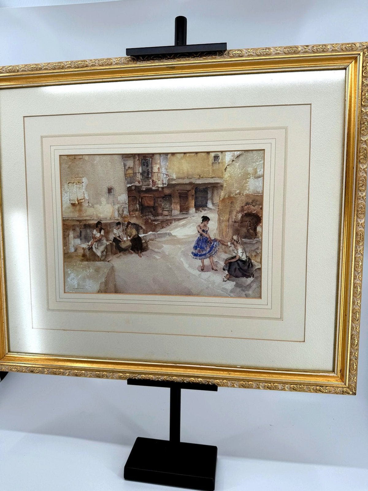 Sir William Russell Flint "The Festival Dress, Cordes" framed art print in ornate gold-tone wood frame – full front view