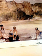 Close-up — the three figures; light foxing spots are visible on the mat border, as described