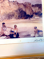 Detail view — the three women by the water and the printed facsimile signature at lower right