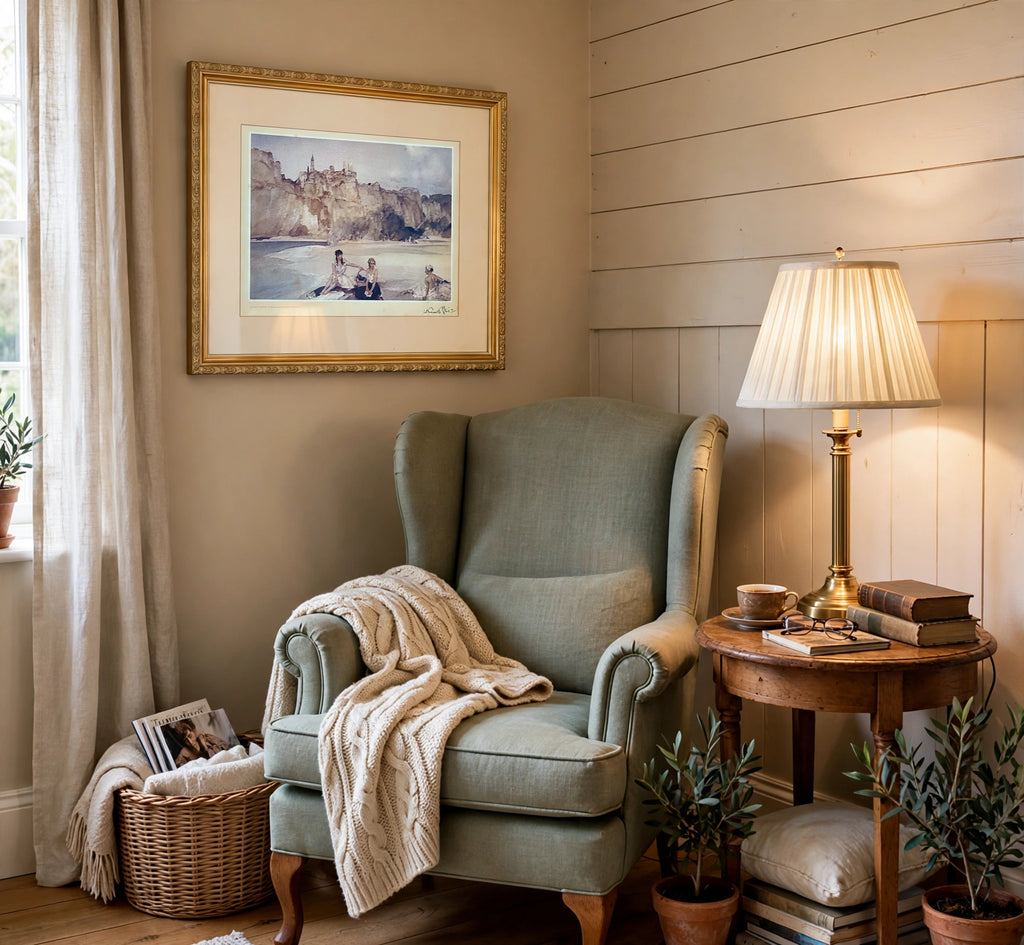 Styled lifestyle photo — the framed Flint print (24.5 × 20.5 in) in a traditional reading nook (display inspiration)