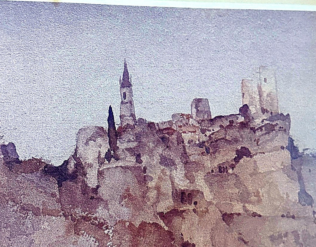 Detail close-up from the artwork — the hillside village and church spire
