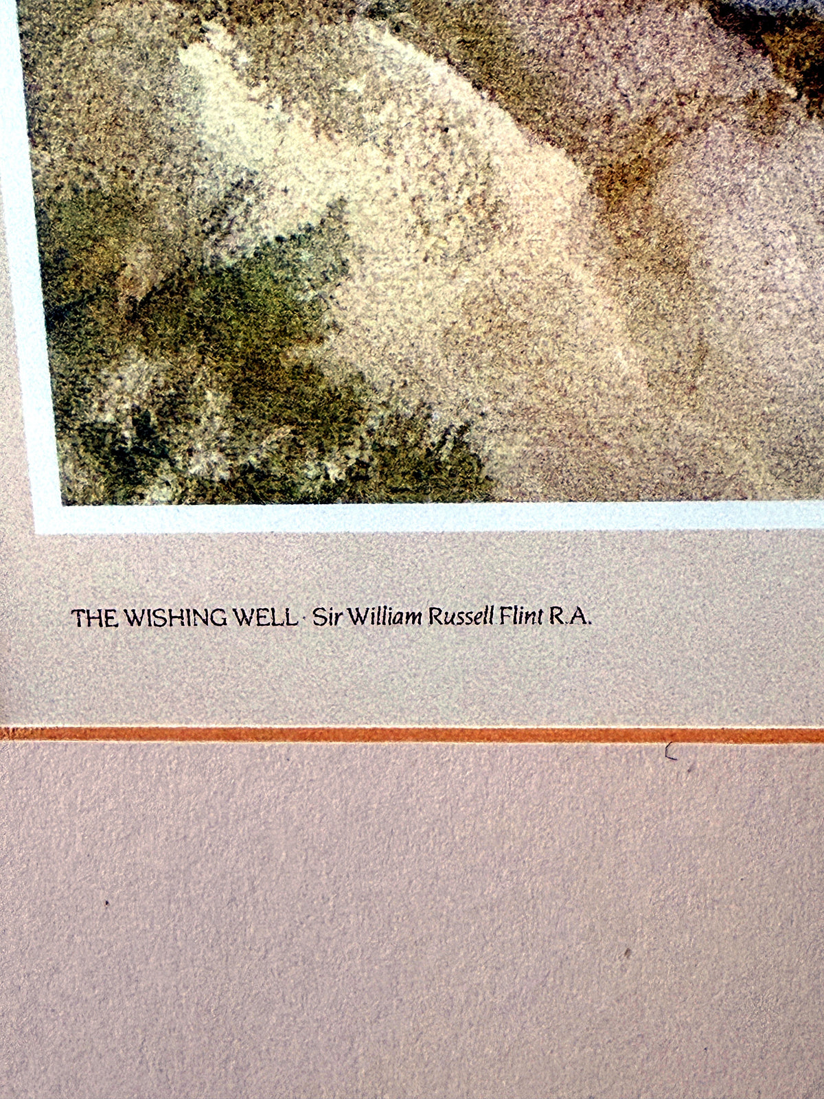 Sir William Russell Flint The Wishing Well framed art print — close-up of the printed credit — 'The Wishing Well, Sir William Russell Flint R.A.'